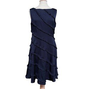 Adrianna Papell Navy Blue Sleeveless‎ Ruffle Midi Day to Evening Dress Sz 14